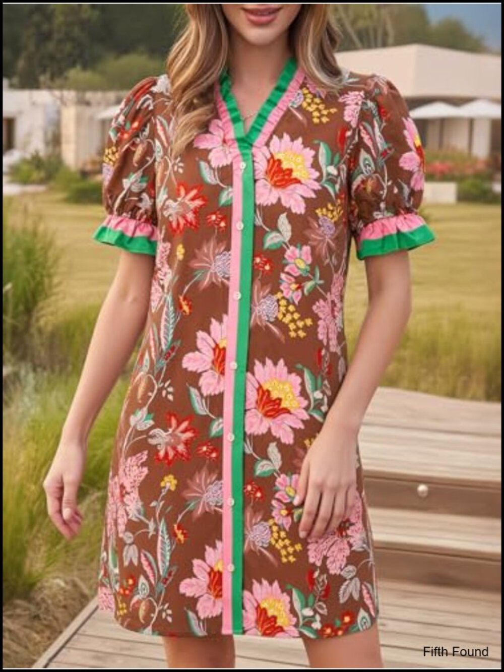 Women's Floral Puff Sleeve V-Neck Button Down Ruffle Shift Mini Dress with - Picture 3 of 6